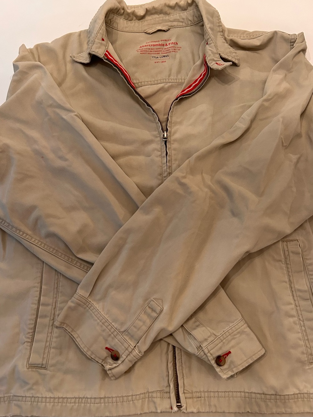 Abercrombie & Fitch Men's Tan Zip-Lightweight Jacket with Red Trim